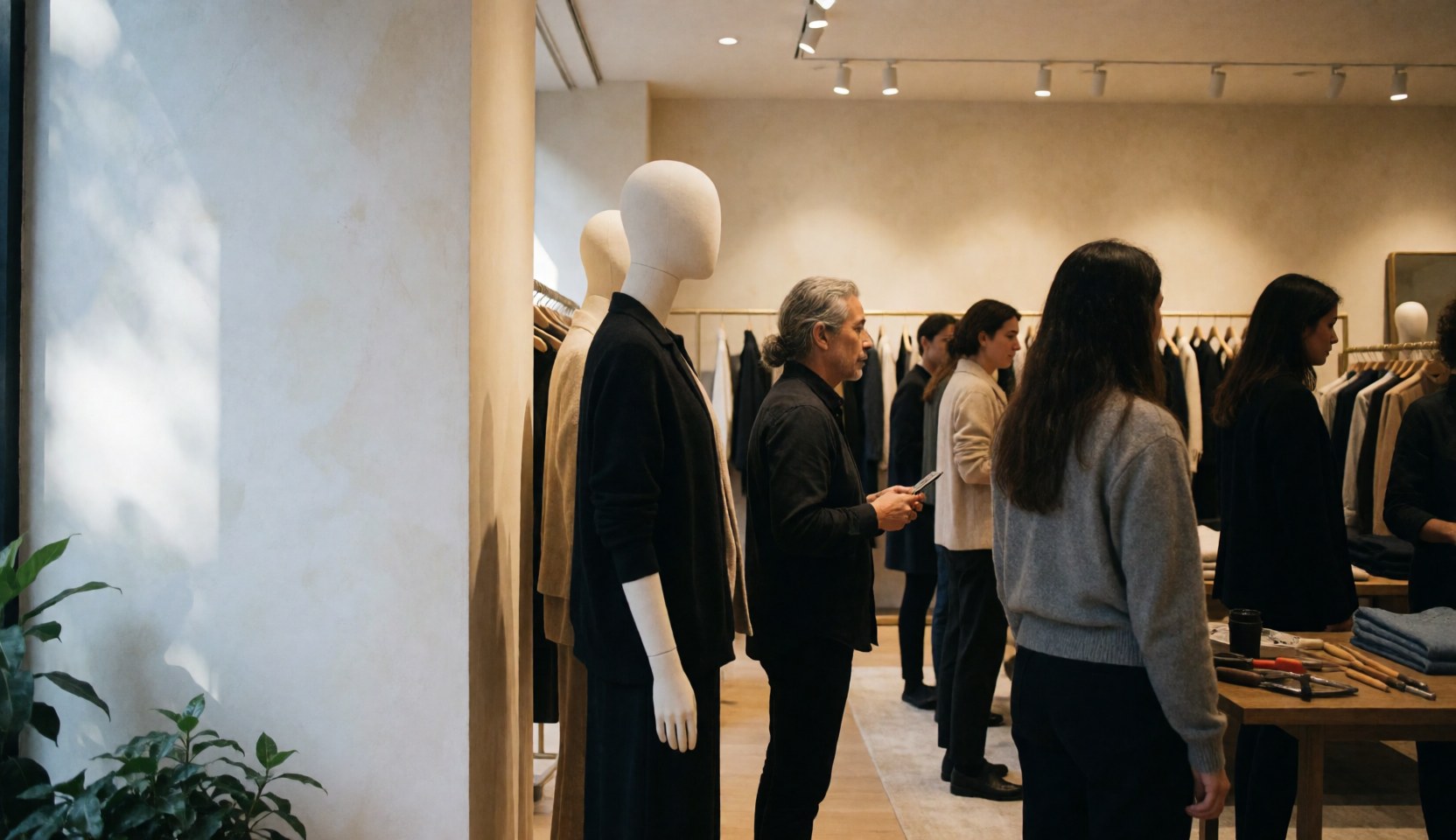 Modern clothing store interior featuring mannequins and customers browsing garments under warm lighting