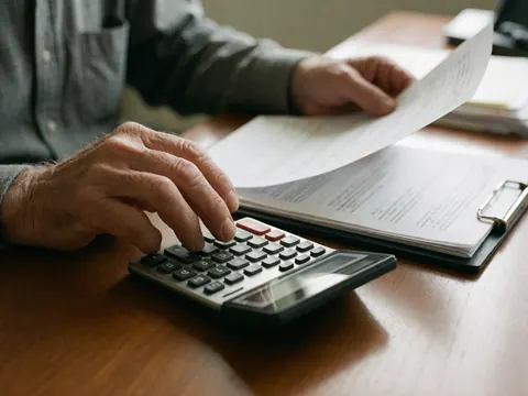 Close-up of an older man's hands reviewing financial papers and using a calculator on a wooden desk with natural light