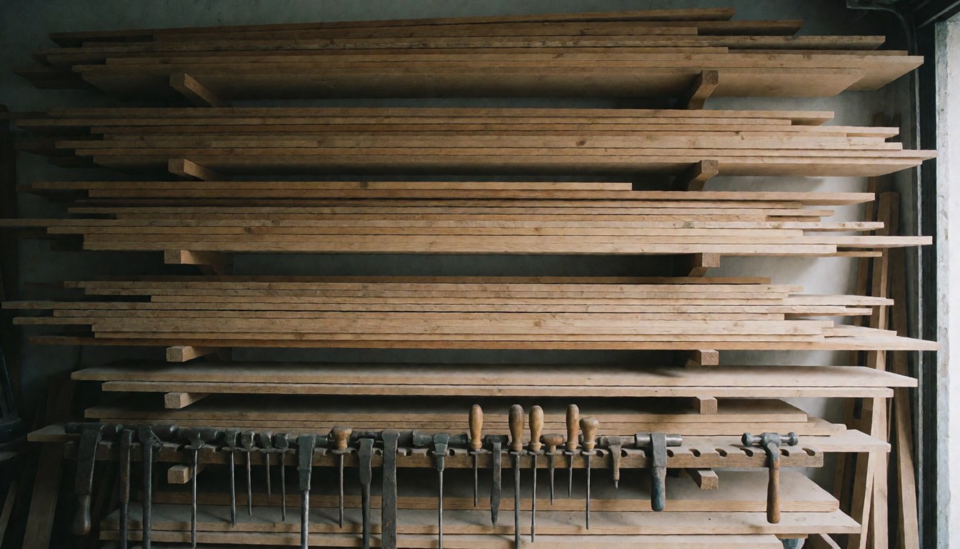 Stacks of wooden planks in a carpentry workshop with hanging tools, serving as a text background.