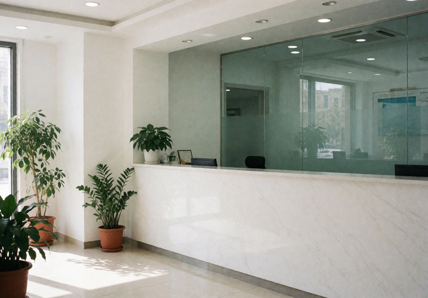 Bright medical clinic reception with white desk, green plants, and white walls ready for patients