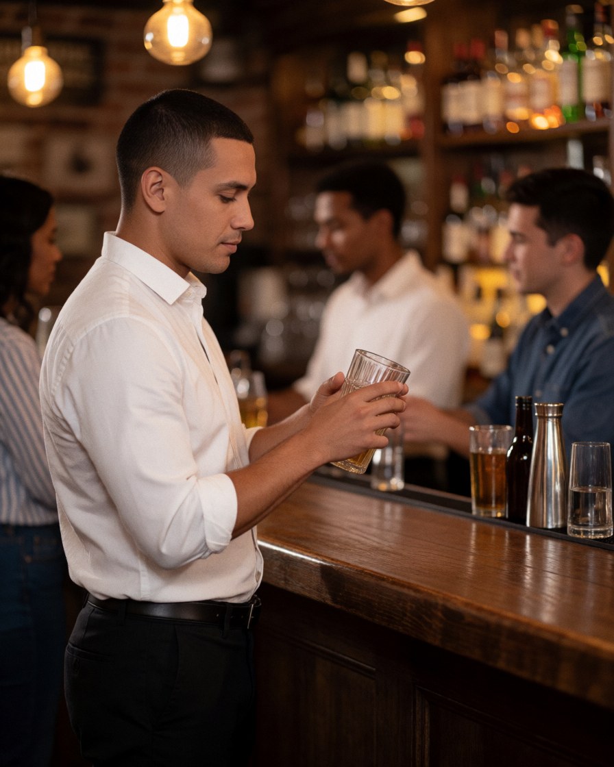 A Latino bartender polishing a glass behind a wooden bar with warm lighting and blurred bottles in the background