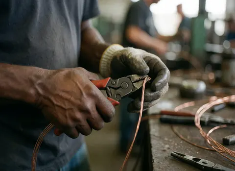 Close-up of electrician hands manipulating copper cables and using tools in an industrial workshop with a blurred background