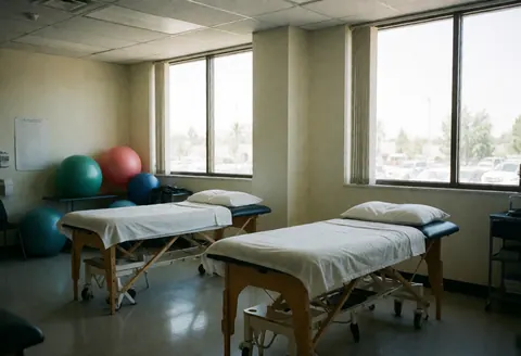 A clean empty physical therapy clinic interior featuring two treatment beds, exercise balls, and windows with natural light