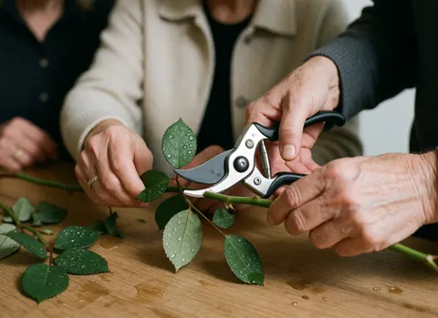 Close-up of adult hands using pruning shears to cut a rose stem, with water droplets on leaves resting on a wooden table