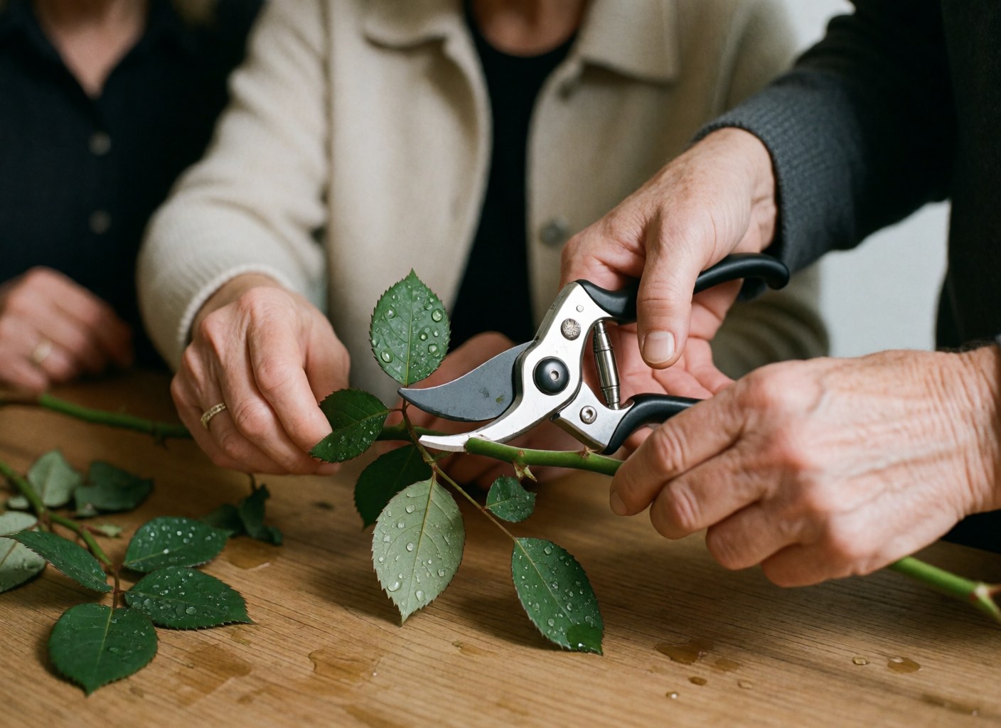 Close-up of adult hands using pruning shears to cut a rose stem, with water droplets on leaves resting on a wooden table