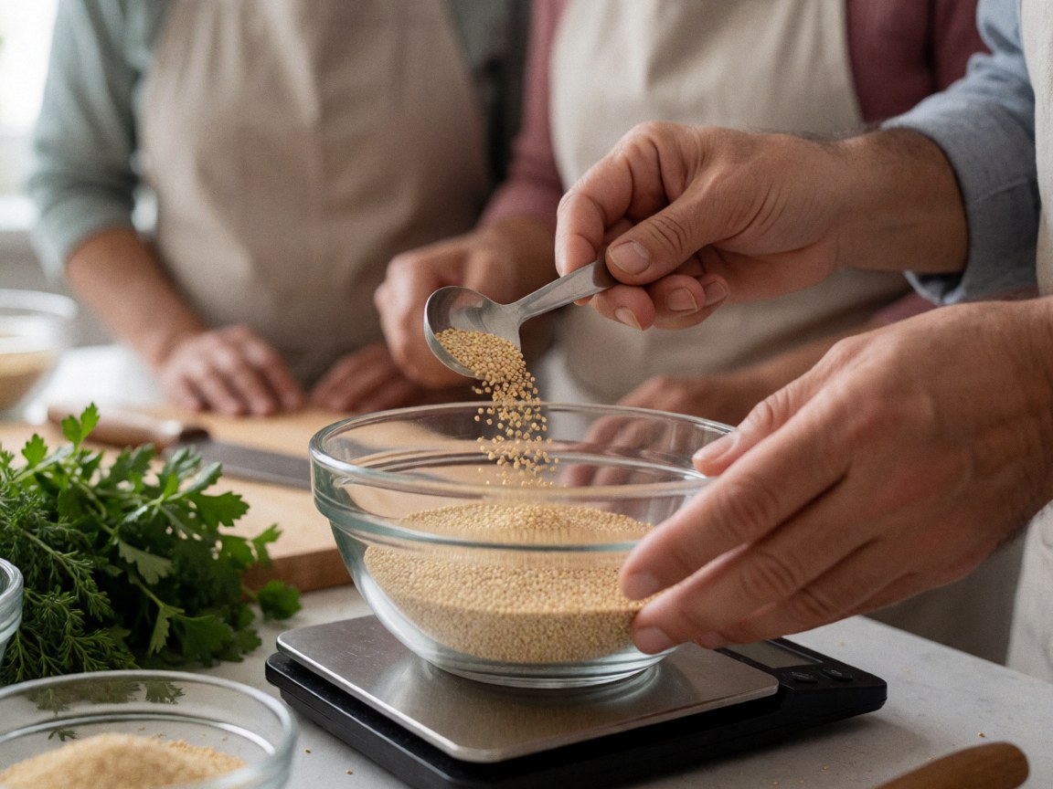 Hands measuring quinoa in a glass bowl on a digital scale with fresh herbs and kitchen utensils in the background