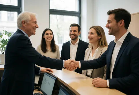 A manager and client shake hands at a coworking reception while other professionals smile in the background.