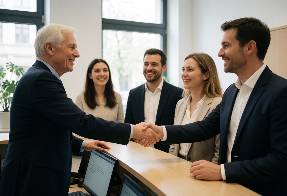 A manager and client shake hands at a coworking reception while other professionals smile in the background.