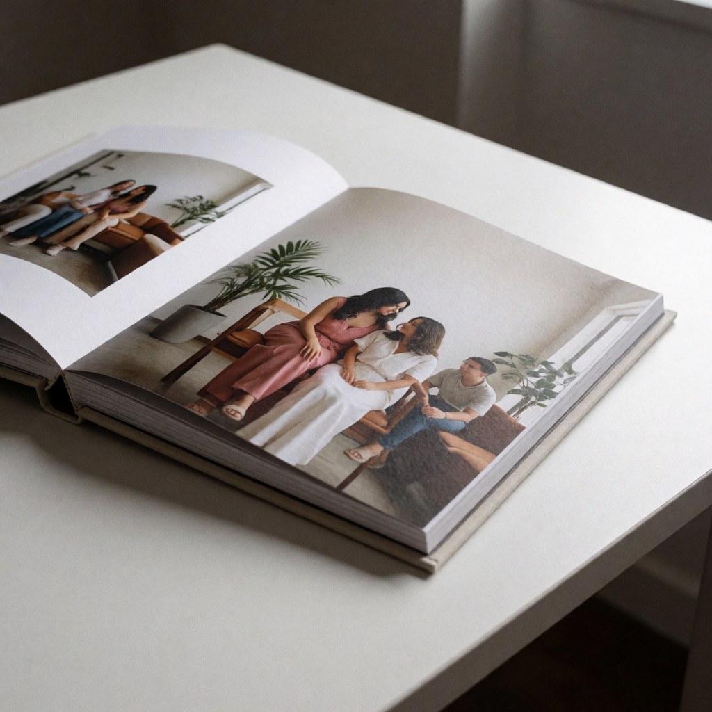 Open photo album on a white table displaying indoor portraits with high-quality paper and soft lighting