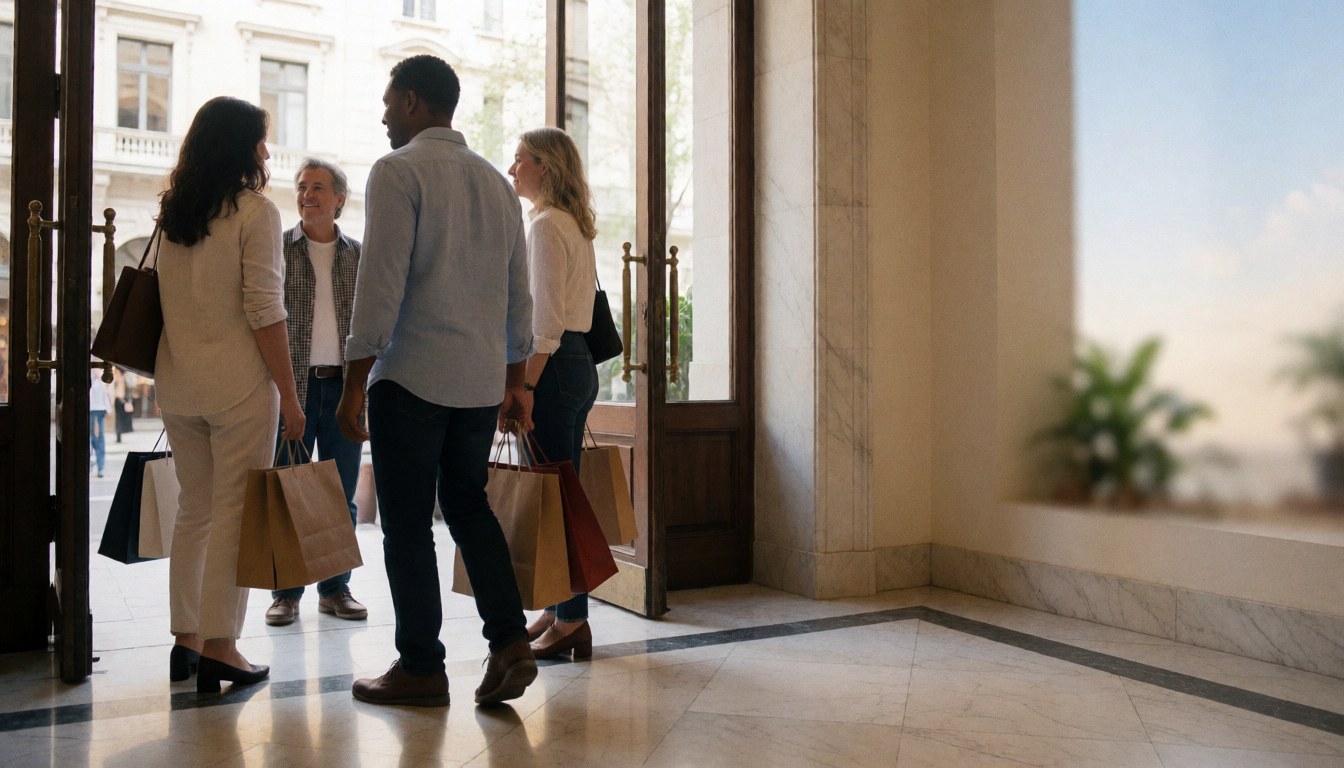Customers carrying shopping bags enter a bookstore with marble floors and large windows