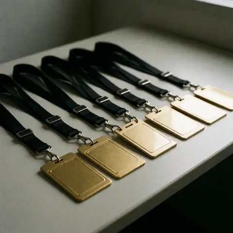 Gold security badges and black ribbons neatly arranged on an office desk with soft professional lighting