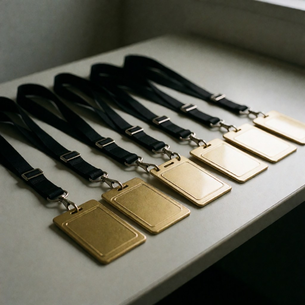 Gold security badges and black ribbons neatly arranged on an office desk with soft professional lighting