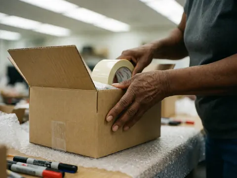 Close-up of black hands using packing tape on a cardboard box surrounded by bubble wrap and markers on a work table