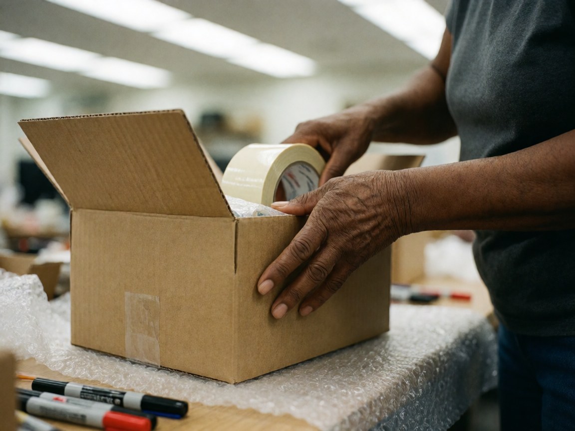 Close-up of black hands using packing tape on a cardboard box surrounded by bubble wrap and markers on a work table