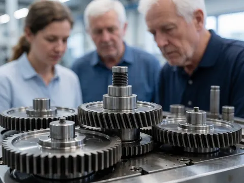 Polished metal gears on an industrial production line with workers observing the manufacturing process