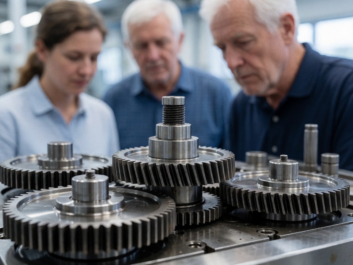 Polished metal gears on an industrial production line with workers observing the manufacturing process