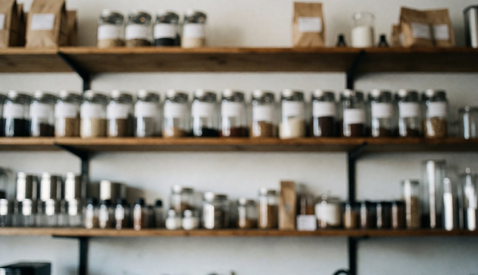 Wooden shelves displaying coffee jars and products with a soft blurred background suitable for text overlay
