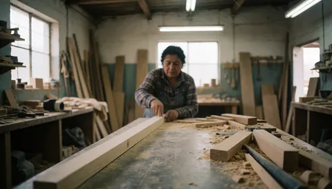 A Latina woman carpenter working with wood and tools in her workshop with natural light and a realistic work environment.