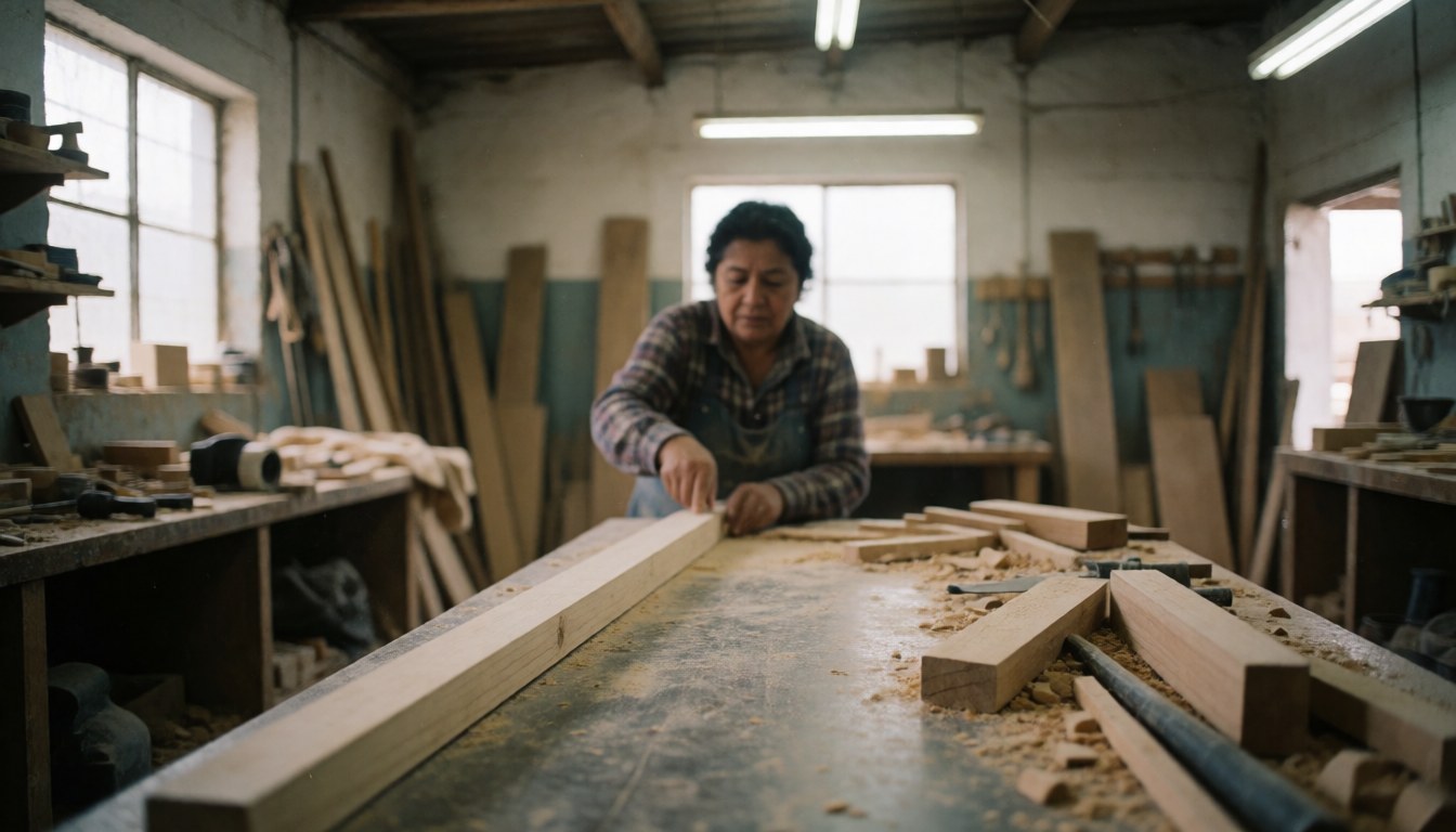 A Latina woman carpenter working with wood and tools in her workshop with natural light and a realistic work environment.