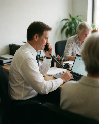 Male professional working at office desk with laptop and phone, plants and colleagues in background