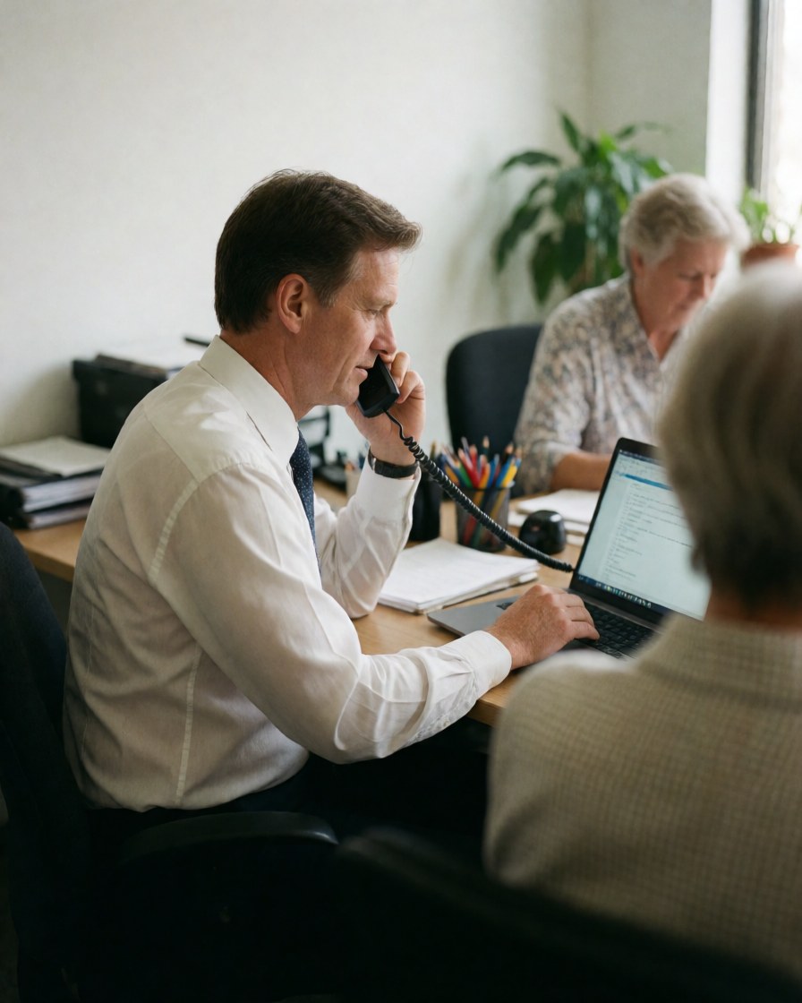Male professional working at office desk with laptop and phone, plants and colleagues in background