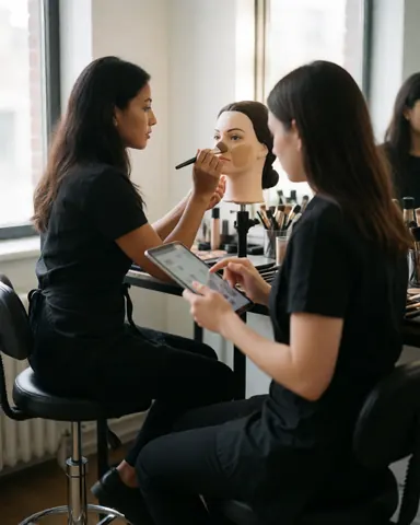 Two estheticians work in a salon, one applying makeup to a mannequin while the other checks a tablet with natural light and tools visible