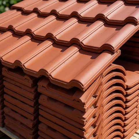 Neatly stacked red clay tiles showing natural texture and color under direct sunlight for construction projects