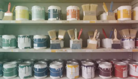 Shelves holding paint cans and brushes with soft tones and a blurred background suitable for commercial text