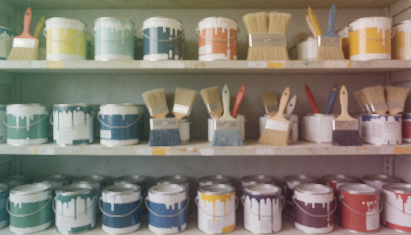 Shelves holding paint cans and brushes with soft tones and a blurred background suitable for commercial text