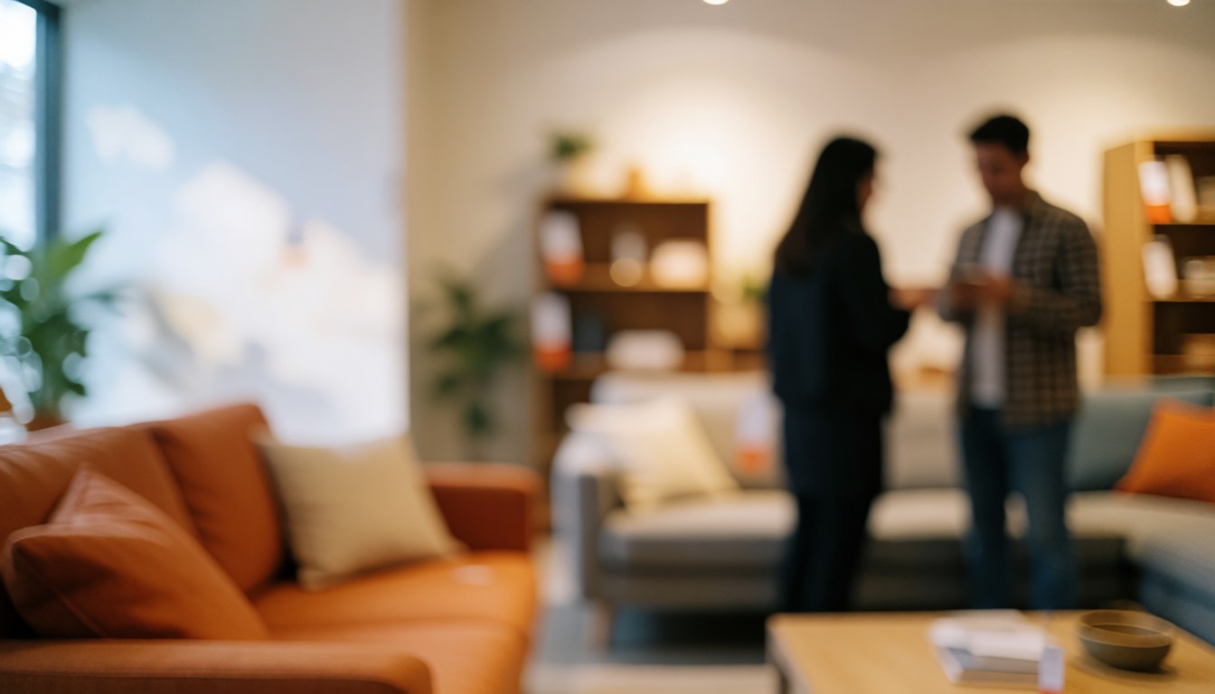 A furniture store interior featuring colorful sofas and shelves with people conversing in a cozy, bright atmosphere