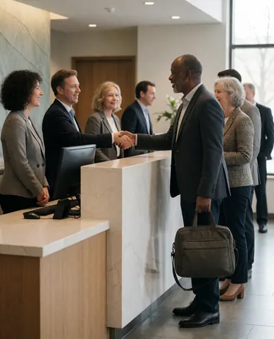 Happy customer shaking hands with receptionist at corporate front desk with other visitors in background
