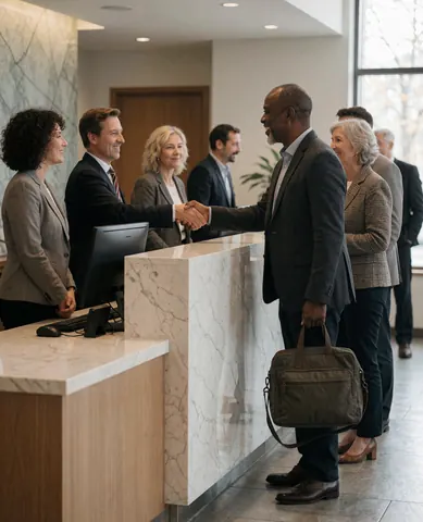 Happy customer shaking hands with receptionist at corporate front desk with other visitors in background