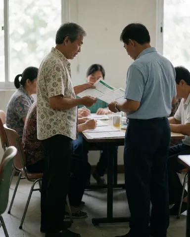 An older man instructs an employee on safety protocols in a meeting room with tables and chairs