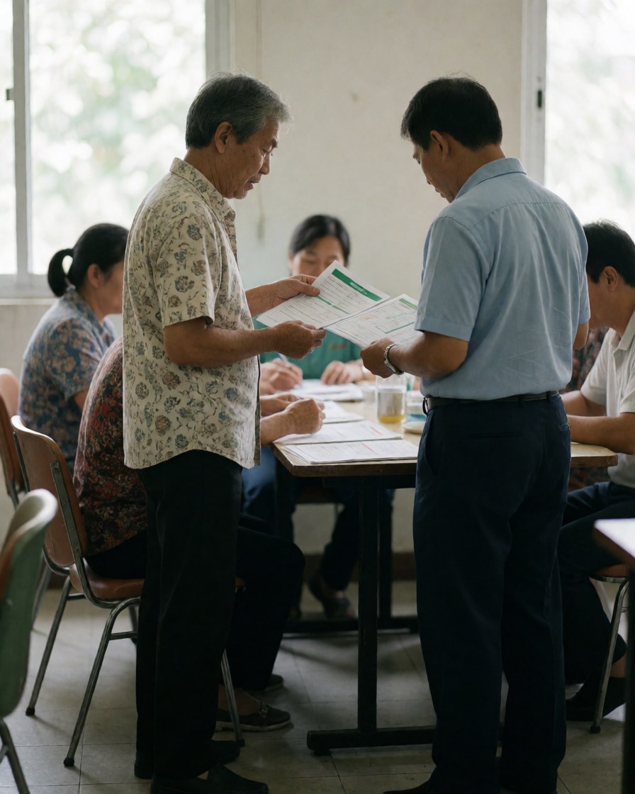 An older man instructs an employee on safety protocols in a meeting room with tables and chairs