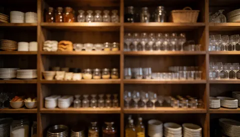 Wooden shelves stocked with catering dishes and glasses on a blurred background suitable for text overlay