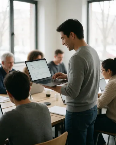 Satisfied customer reviewing a digital presentation on a laptop in an office with a team