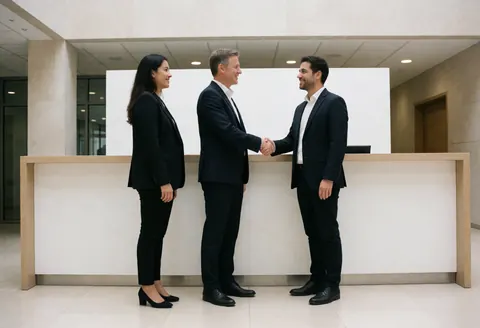 Three software startup professionals smiling and shaking hands while signing an agreement at a modern office reception desk