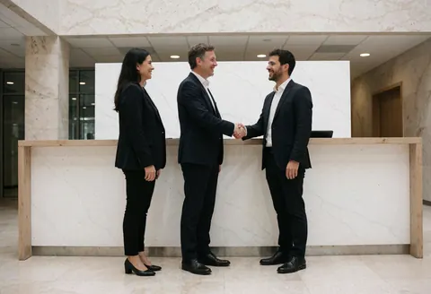 Three software startup professionals smiling and shaking hands while signing an agreement at a modern office reception desk