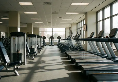 Empty modern gym interior featuring aligned exercise equipment and bright sunlight streaming through large windows