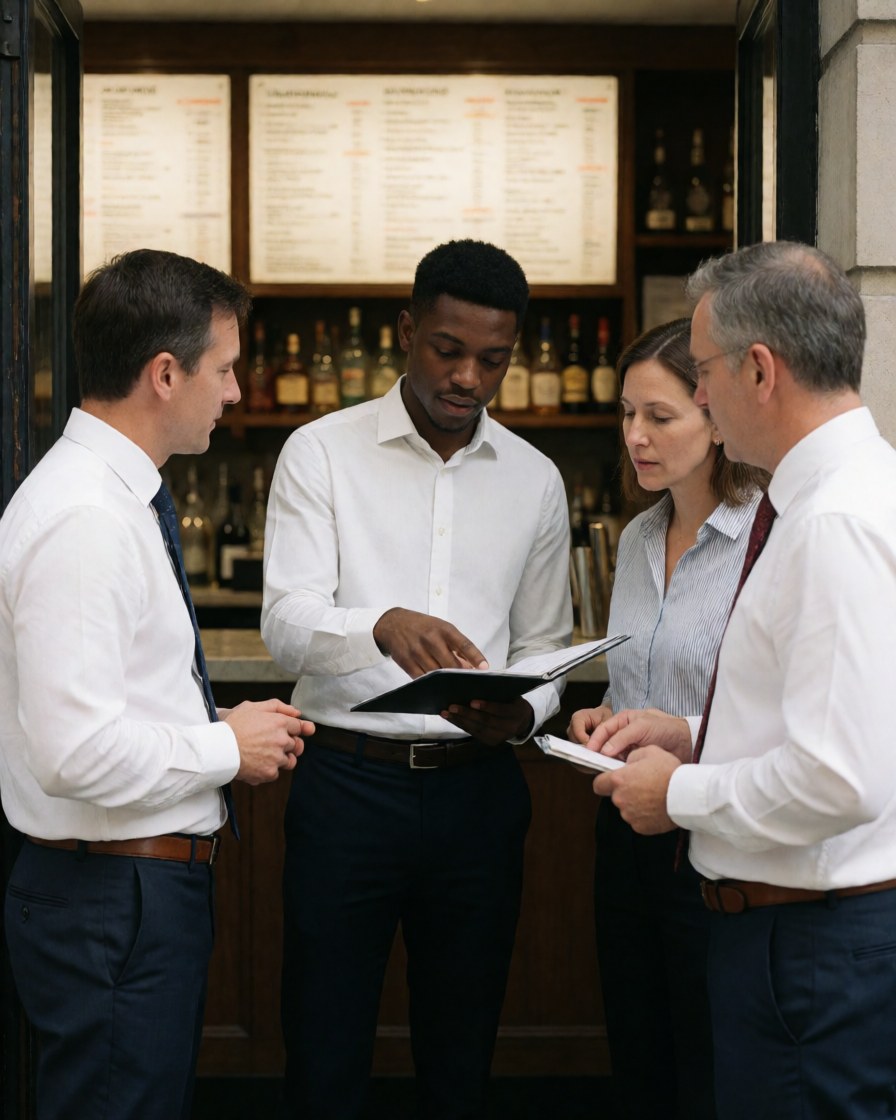 Four professionals in formal attire review a menu near the bar with warm lighting and visible bottles