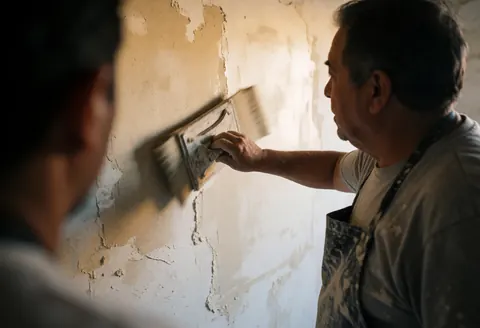 An older man wearing an april applies plaster to a wall using a trowel, with warm lighting highlighting the manual work.