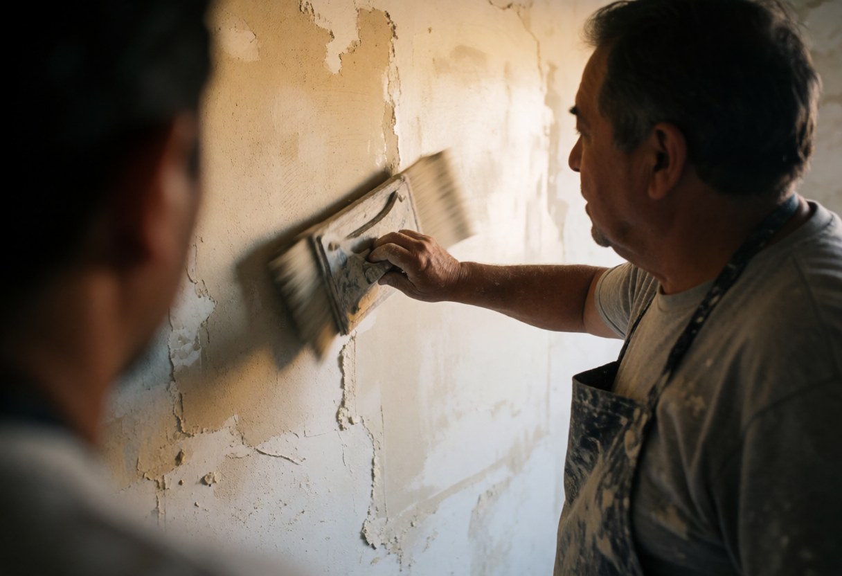 An older man wearing an april applies plaster to a wall using a trowel, with warm lighting highlighting the manual work.