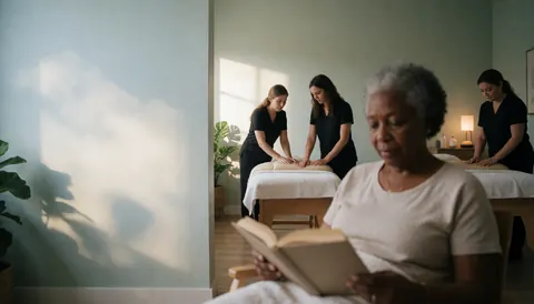 Senior woman reading a book in a calm spa with therapists working in the background and natural light