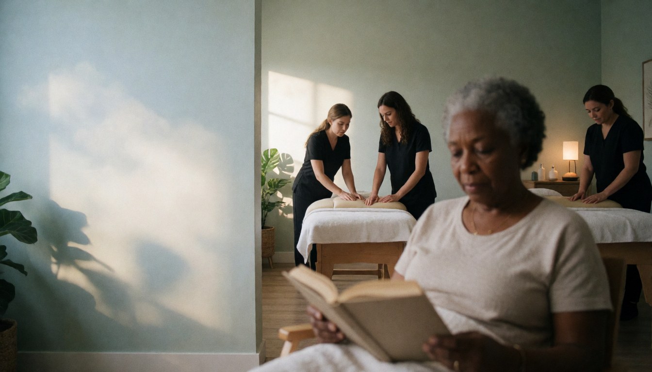 Senior woman reading a book in a calm spa with therapists working in the background and natural light