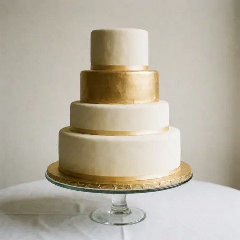 Five-tier white fondant wedding cake with gold accents on a glass stand, perfect for luxury events and weddings