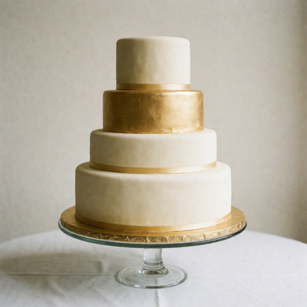 Five-tier white fondant wedding cake with gold accents on a glass stand, perfect for luxury events and weddings