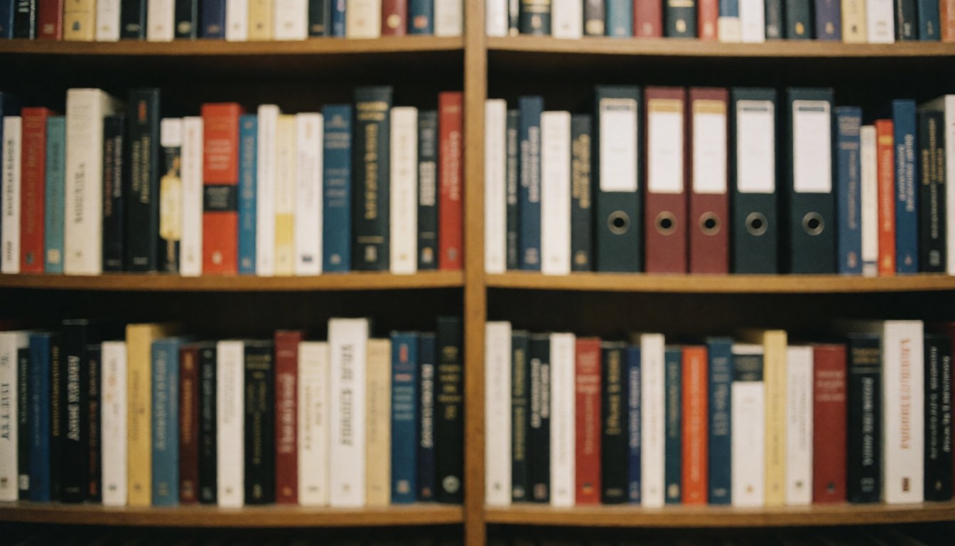 A wooden bookshelf filled with strategy books and folders against a soft background suitable for professional text overlays