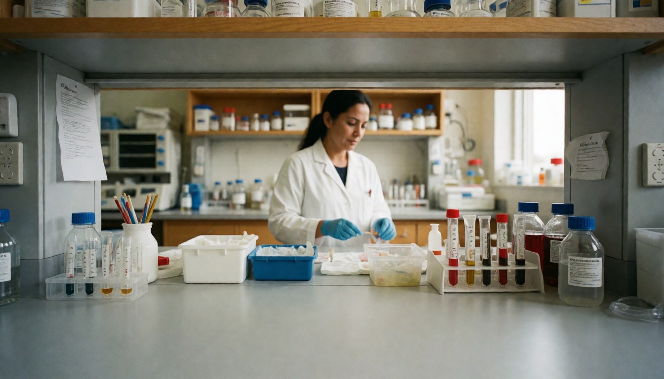 A laboratory technician handles test tubes and medical equipment in a clean, professional clinical setting.