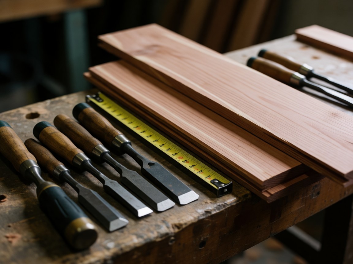 Close-up of chisels and a measuring tape resting on cedar planks atop a wooden workbench