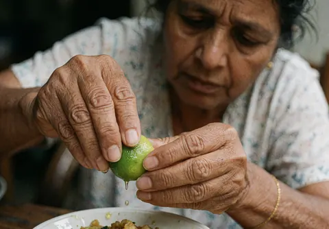 A woman squeezes fresh lime juice onto a dish of food with focused hands in a food truck setting